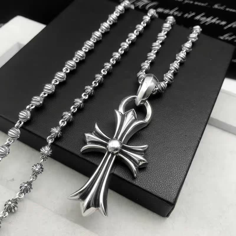 Chrome Hearts Silver Cross Pendant with Beaded Chain